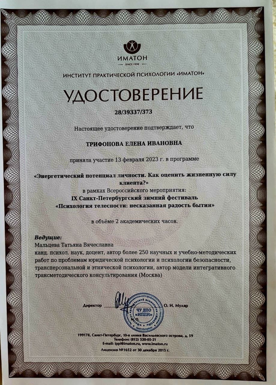 Удостоверение участника программы «Энергетический потенциал личности. Как оценить жизненную силу клиента?», ИМАТОН